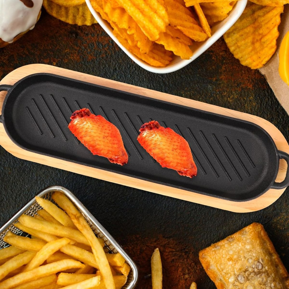 Cast Iron Steak Pan With Wooden Base (37cm)