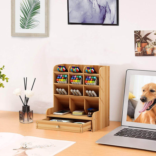 Wooden Stationery Desktop Organiser (12 Compartment) - DMC Wholesale