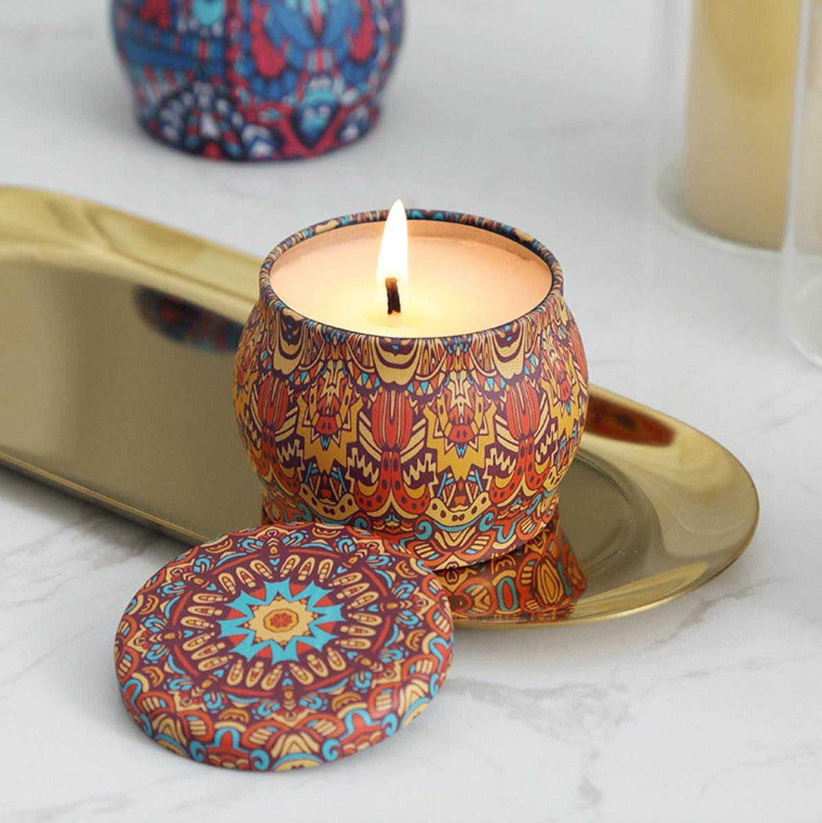 Gardenia Aroma Candle In Colourful Patterned Tin (65ml) - DMC Wholesale