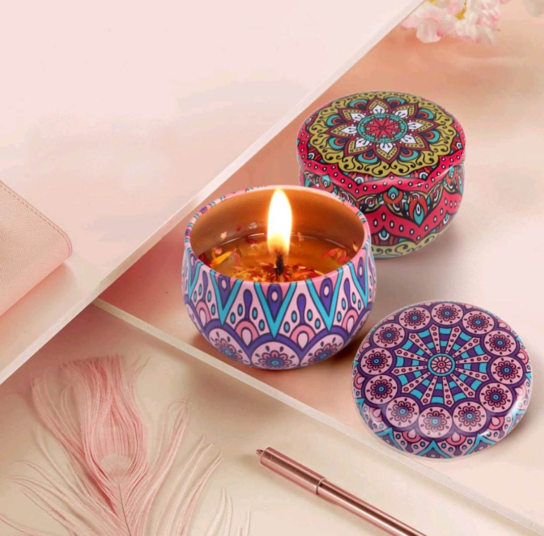 Lavender Aroma Candle In Colourful Patterned Tin (65ml) - DMC Wholesale