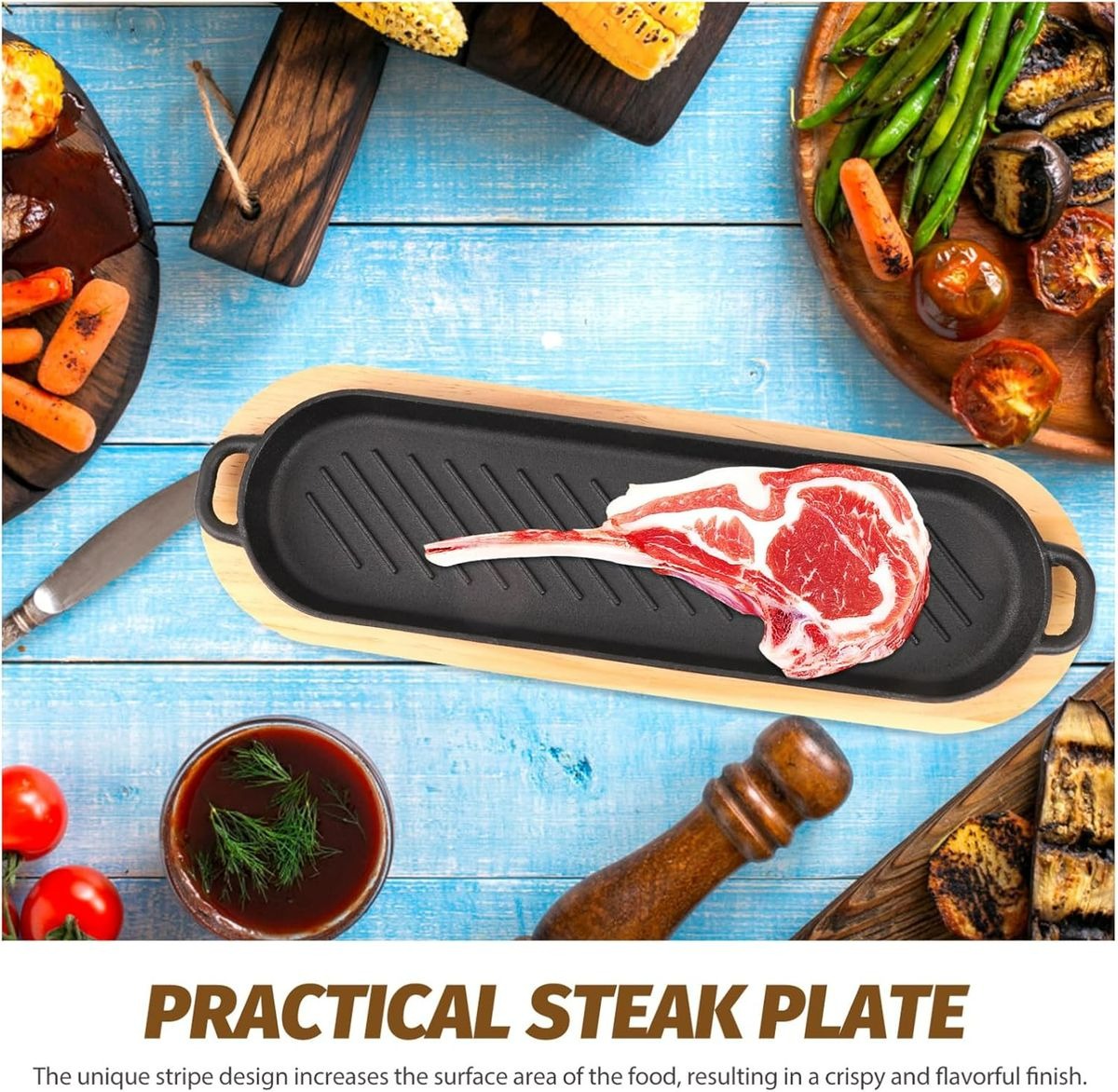 Cast Iron Steak Pan With Wooden Base (42cm)