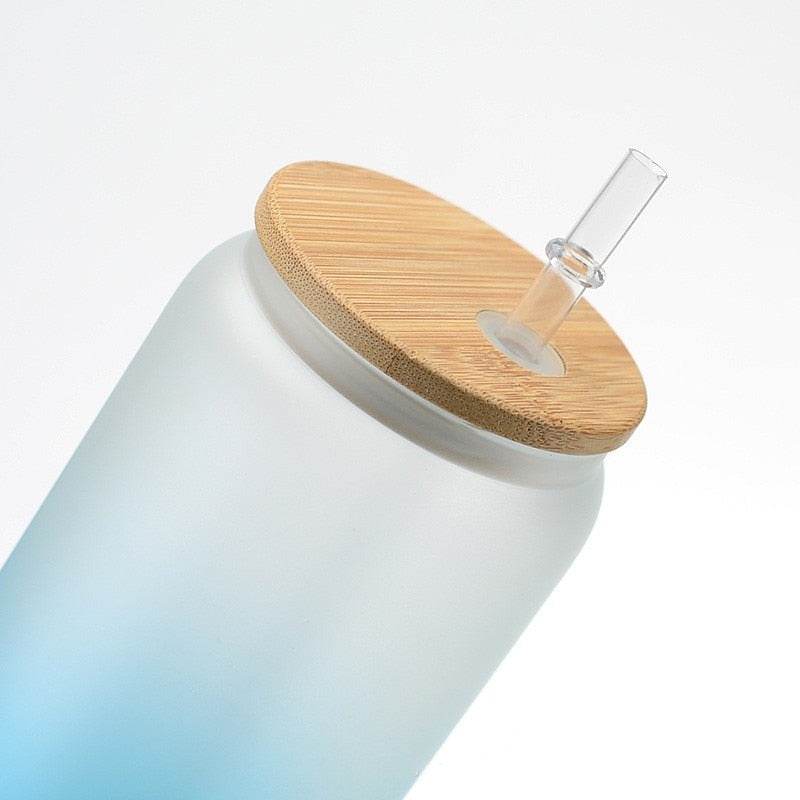 Frosted Drinking Glass With Bamboo Lid (380ml)(Each) - DMC Wholesale