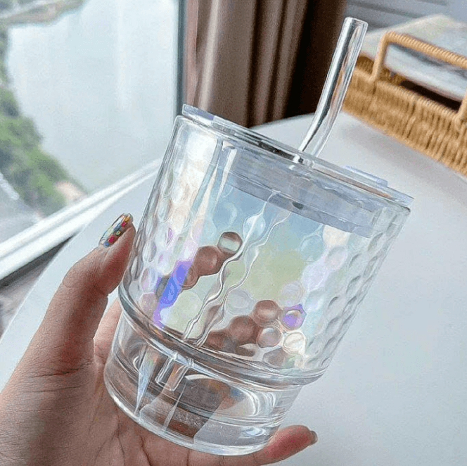 Rainbow Tumbler Glass With Lid And Straw (400ml)(Each) - DMC Wholesale