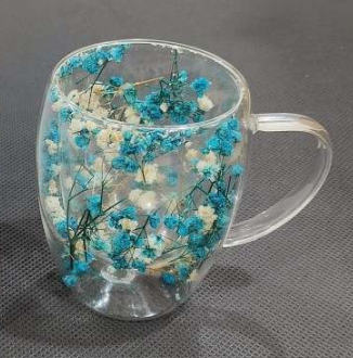 Double Walled Glass Cup (350ml)(Blue White Flowers) - Alt View
