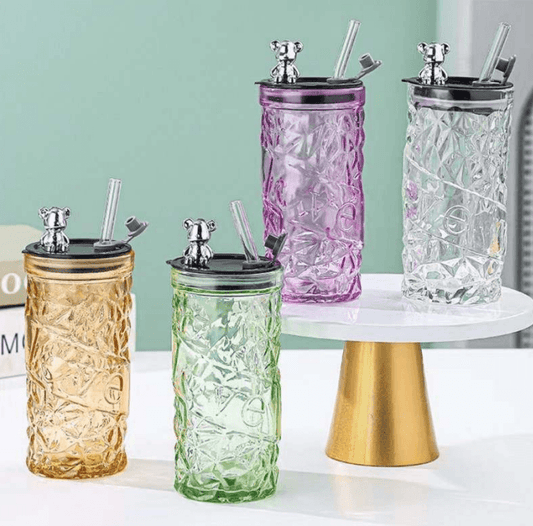 Luxury Design Drink Glass Cup With Lid And Straw (330ml)(Each) - DMC Wholesale