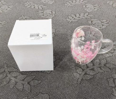 Double Walled Glass Cup (350ml)(Light Yellow Pink Flowers)