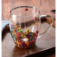 Double Walled Glass Cup (350ml)(Bright Mixed Color Flowers) - Alt View