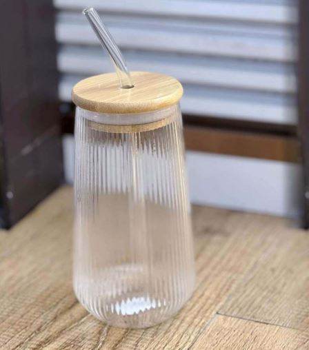 Ribbed Glass With Straw And Wooden Lid (500ml) - DMC Wholesale