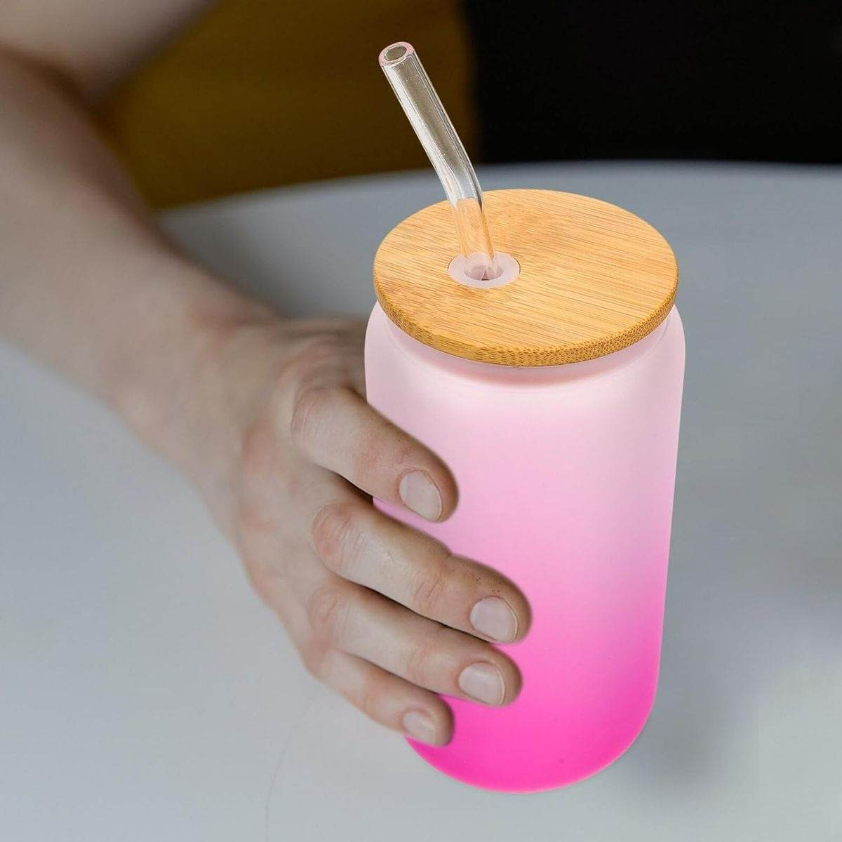 Frosted Drinking Glass With Bamboo Lid (380ml)(Each) - DMC Wholesale