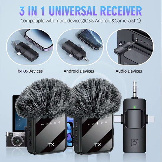 Dual Wireless Lavalier Microphones For iPhone/ Camera/ Android Devices